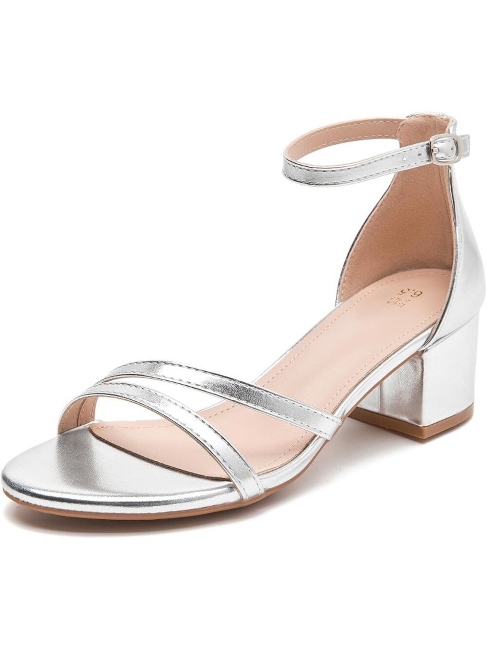 Women's Silver PU Open Toe Ankle Strap Chunk Low Heel Strappy Sandal Pumps Shoes